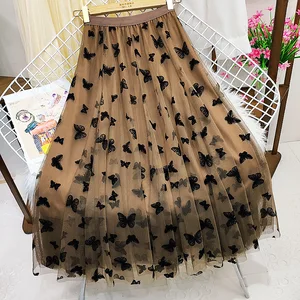 High Quality Elastic Women's Floral A-Line Skirt Long Mid-Length Pleated Skirt Ruffles Embroidery Breathable for Spring Season