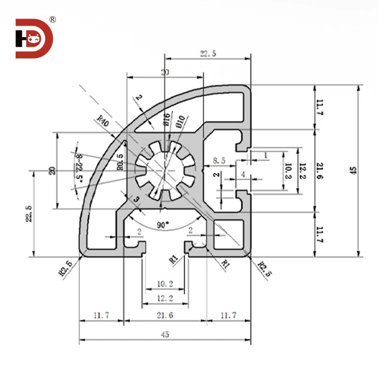 product 4545r angle extruded aluminum profile 4545 semi circular industrial aluminum alloy profile type-3