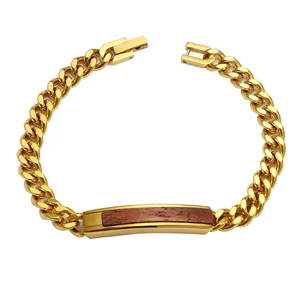 TIZTI Jewelry Trendy Wholesale Gold Plated Mens Stainless Steel with Bubinga Wood Bend Curb Chain Link Bracelet