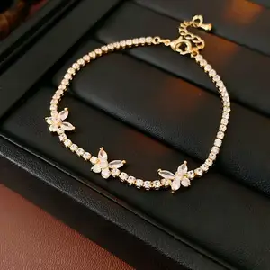 Women's Flower butterfly Zircon Diamond Bracelet Fashion Chain & Link Bracelets Gold Plated Copper Exquisite Wedding Jewelry