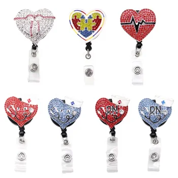 Wholesale Fashion Alloy Rhinestone Heart Shape Medical Badge Reel for Nurse Accessories