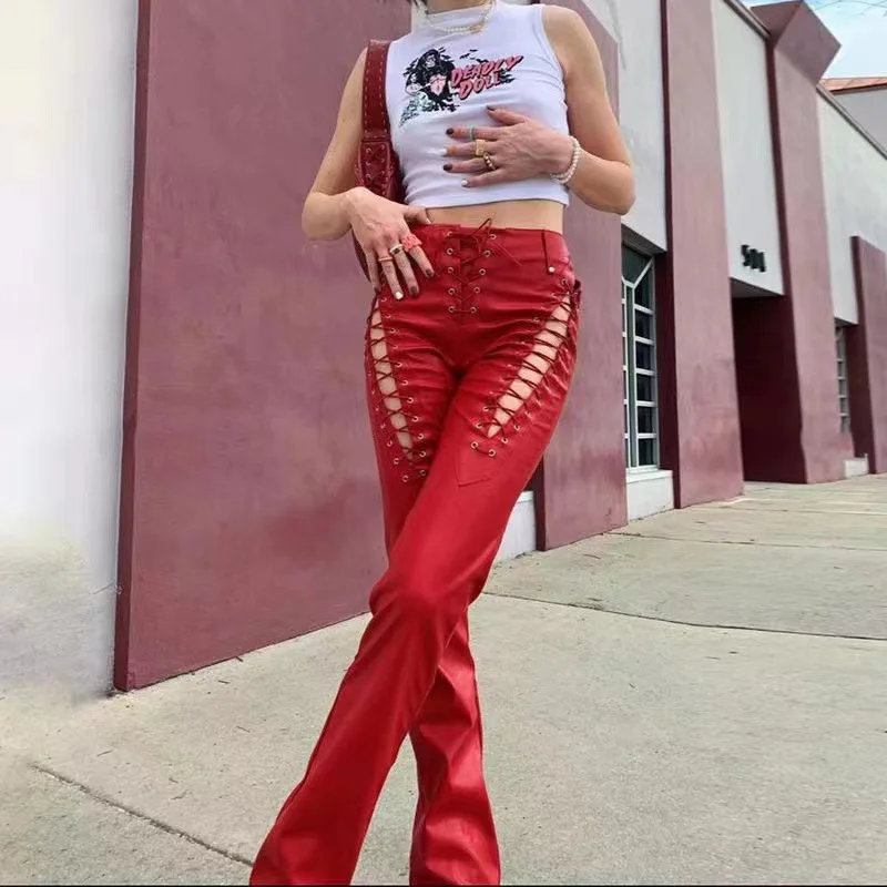 Womens Lace up PU Leather Pants Goth Cross Hole Trousers Bandage Hollow Out  Leggings White Tights Red Pants