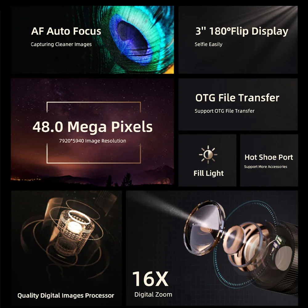 Professional 48MP 4K Digital SLR Camera with 3.0 Inch IPS Rotating Screen Auto Focus Customized Brand CE ROHS FCC Certifications