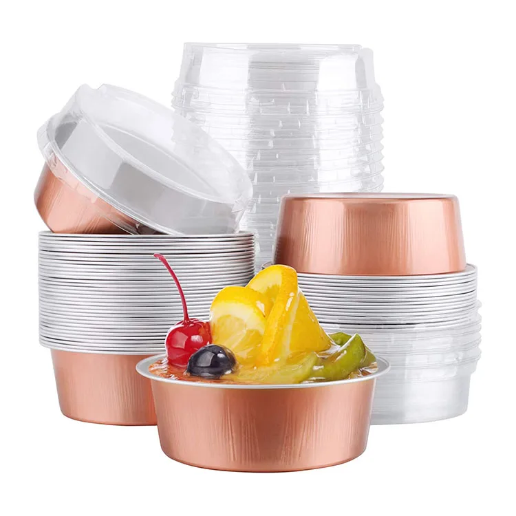 Y150 Cangkir Sekali Pakai Cheesecake Cupcake Baking Aluminium Rose Gold Catering Desserts 5oz Bulat 150ml Wadah Makanan Foil