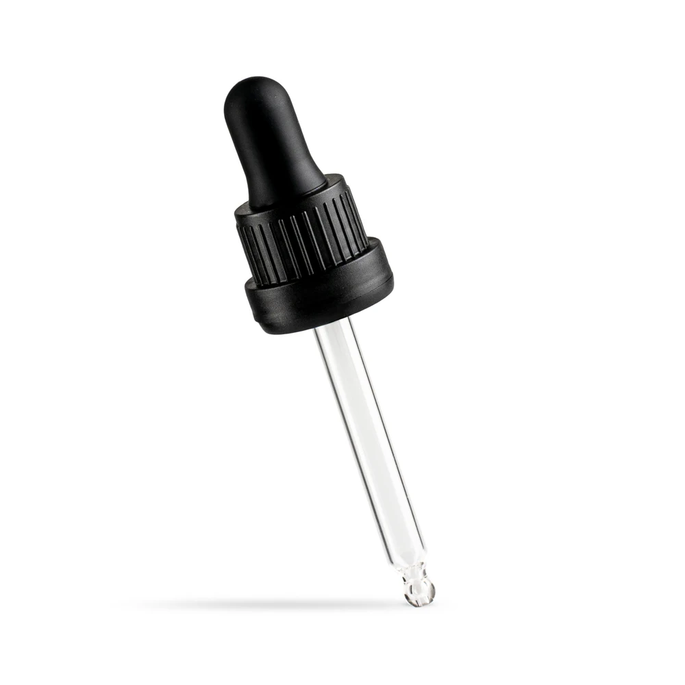 product clear pipette classic black tamper ring glass dropper top with black ribbed cap and black silicone teat 18mm-26