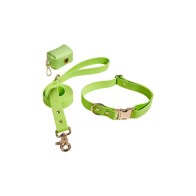 Luxury PVC Dog Collar Leash Set Easy-to-Wash Breakaway Waterproof PU Print Letter Dog Ring Poop Bag Rope Suit Accessories