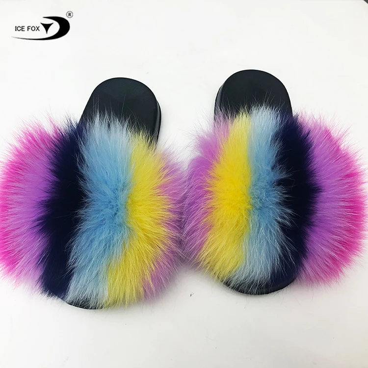 Женские меховые тапочки оптом, плюшевые тапки из натурального Лисьего меха, сланцы из лисьего меха для женщин