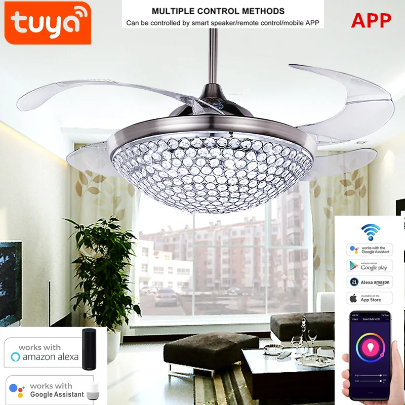 product 42 inch living room fan lamp alexa google home tuya intelligent voice control led three color variable light dc motor gold-3