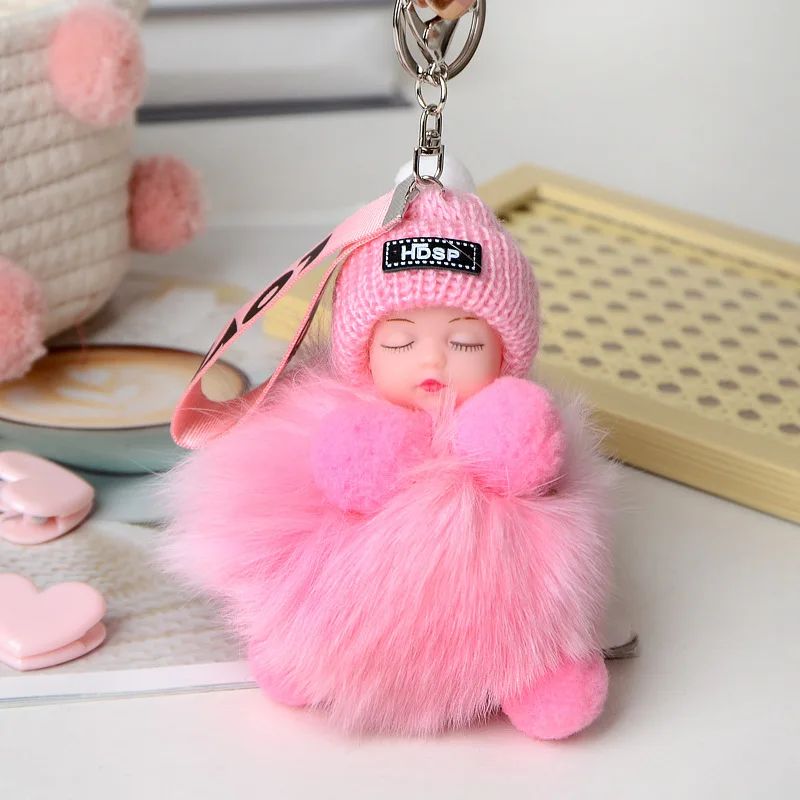 New Pompom Sleeping Baby Keychain Cute Fluffy Plush doll Keychains