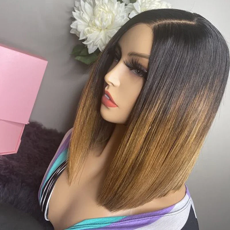 Blaues Ombré Bob Echthaarperücke Mit Lace Closure Für Damen_voghion.com
