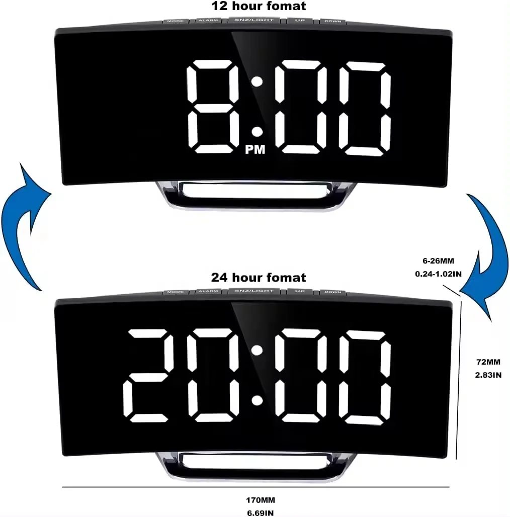 7 Inch for Kids Bedroom Curved Dimmable Mirror Clock LED Screen Digital Alarm Clock Home Decors Large Number Table Clock