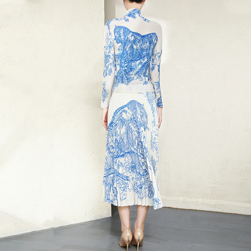 Fast Delivery Factory Outlet High Quality Sets Pleat Long Sleeve Top and Printed Long Pleated Skirt Two Piece Sets
