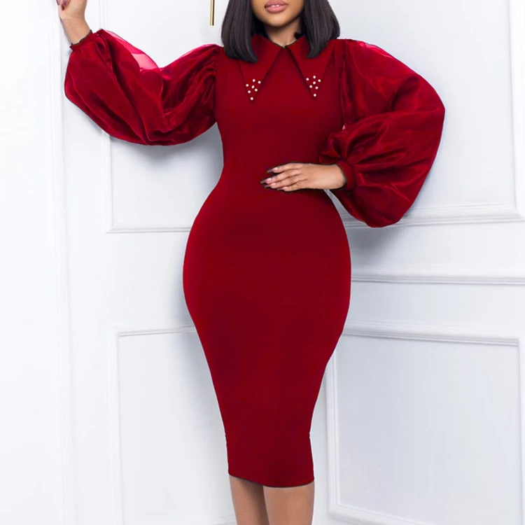 Elegant Office Lady Lantern Sleeves Beading Collar Red Christmas Party Dress Plus Size Formal Dress for Women Elegant Office Lady Lantern Sleeves Beading Collar Red Christmas Party Dress Plus Size Formal Dress for Women