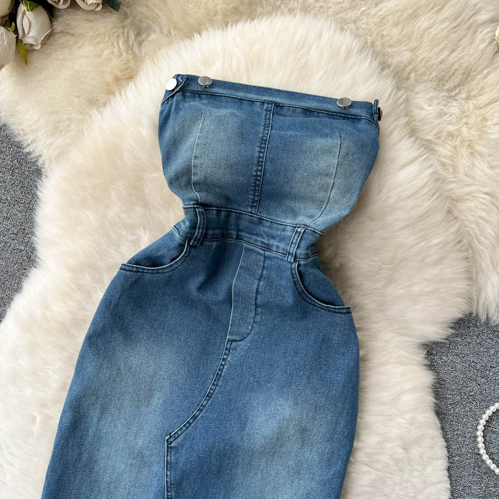 Spring Summer Sleeveless Bustier Woman Sexy Split Tight Denim Dress Women Spring Summer Sleeveless Bustier Woman Sexy Split Tight Denim Dress Women