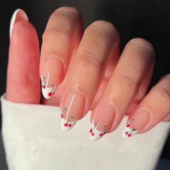 24Pcs Colors Wholesale French Style White Edge Cherry Almond Press on Nails