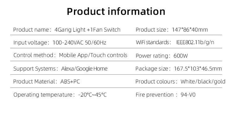 For Tuya Intelligent WiFi Wall Switch 4Gang Lighting Fan Control with Alexa Voice APP Timed Features Max Current 10A Smart Life