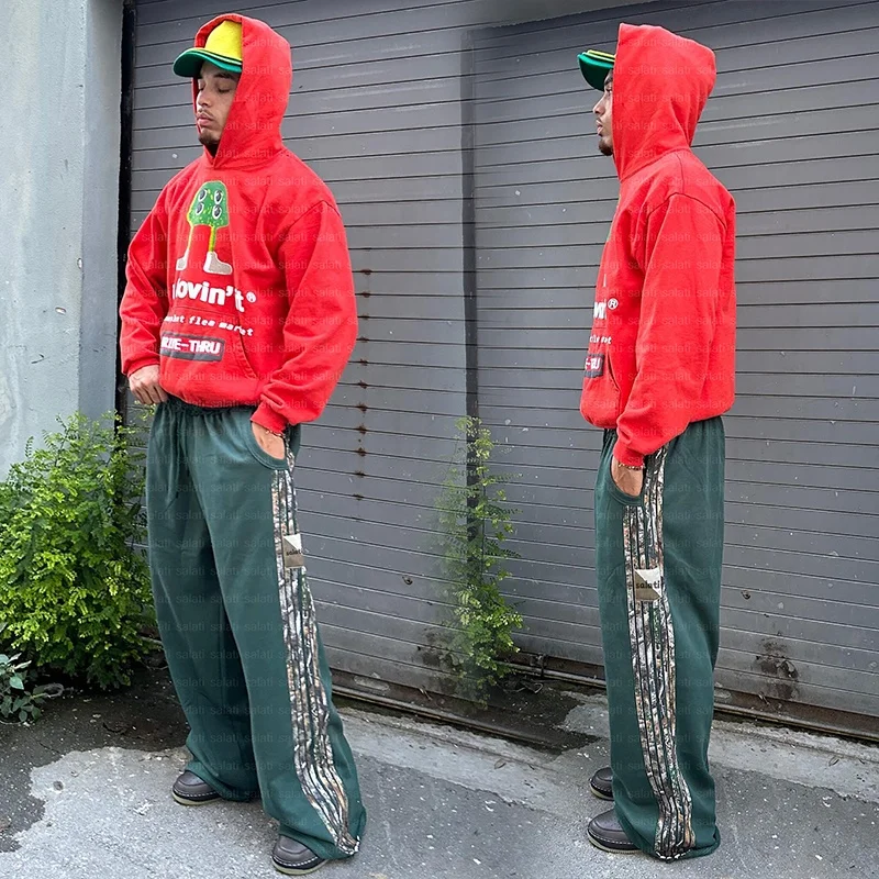 Custom Wide Straight Leg Sweat Pants Oversized Cotton Flaired Sweatpants Baggy Jogger Trousers Camo Side Stripe Track Pants Men