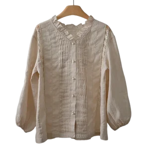 Factory Wholesale Custom 2023 Good Quality High Grade Cotton Linen Women's Shirt Ladies Blouse Chic Stylish Accordion Shirt