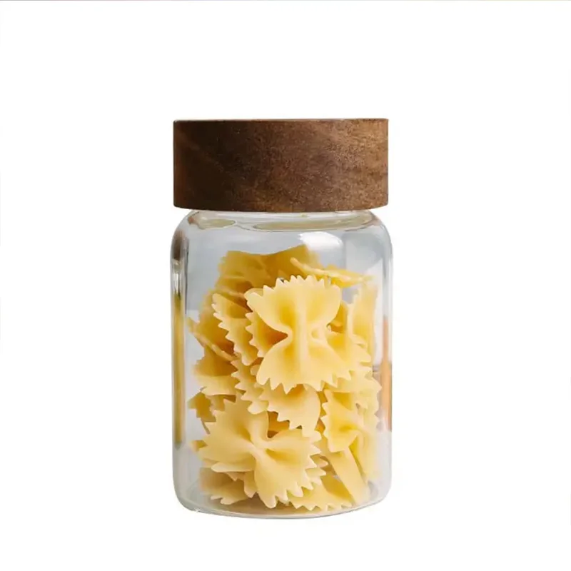 Wholesale Small Airtight Glass Jar with Spiral Lid Kitchen Sealed Food Storage Mason Jar with Acacia Wood Lid