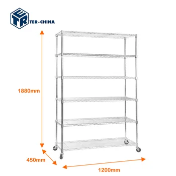 6 Tier Mobile Shelving Unit 4-Wheels 1200x450x1880mm Chrome Plated Storage Rack Metal Mesh Shelving Cart Cargo&Storage Equipment