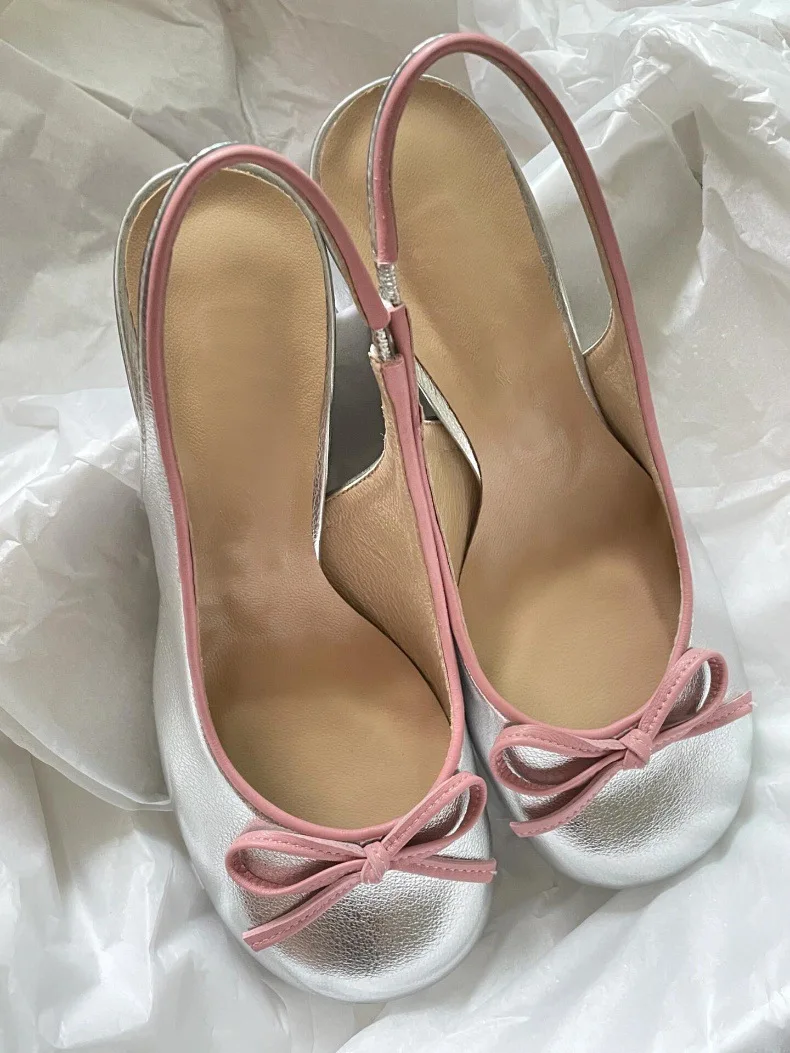 Fashion Ladies Sheep Leather Silver Slingback Pumps Round Toe Elegant Chunky Heels Women High Heels - Image 3