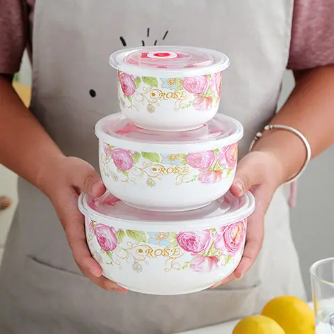 Porcelain Storage Bowl Food Serving  Ceramic Airtight 3 Pcs Fresh Seal Bowls Set with Lid