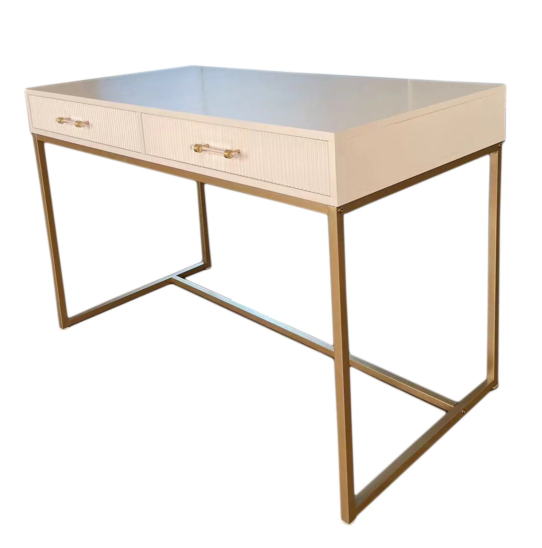 Console Table with 2 Drawers and Gold Iron Legs and Acrylic Handle, Shelf Hallway Side End Dressing Table for Living Room, White