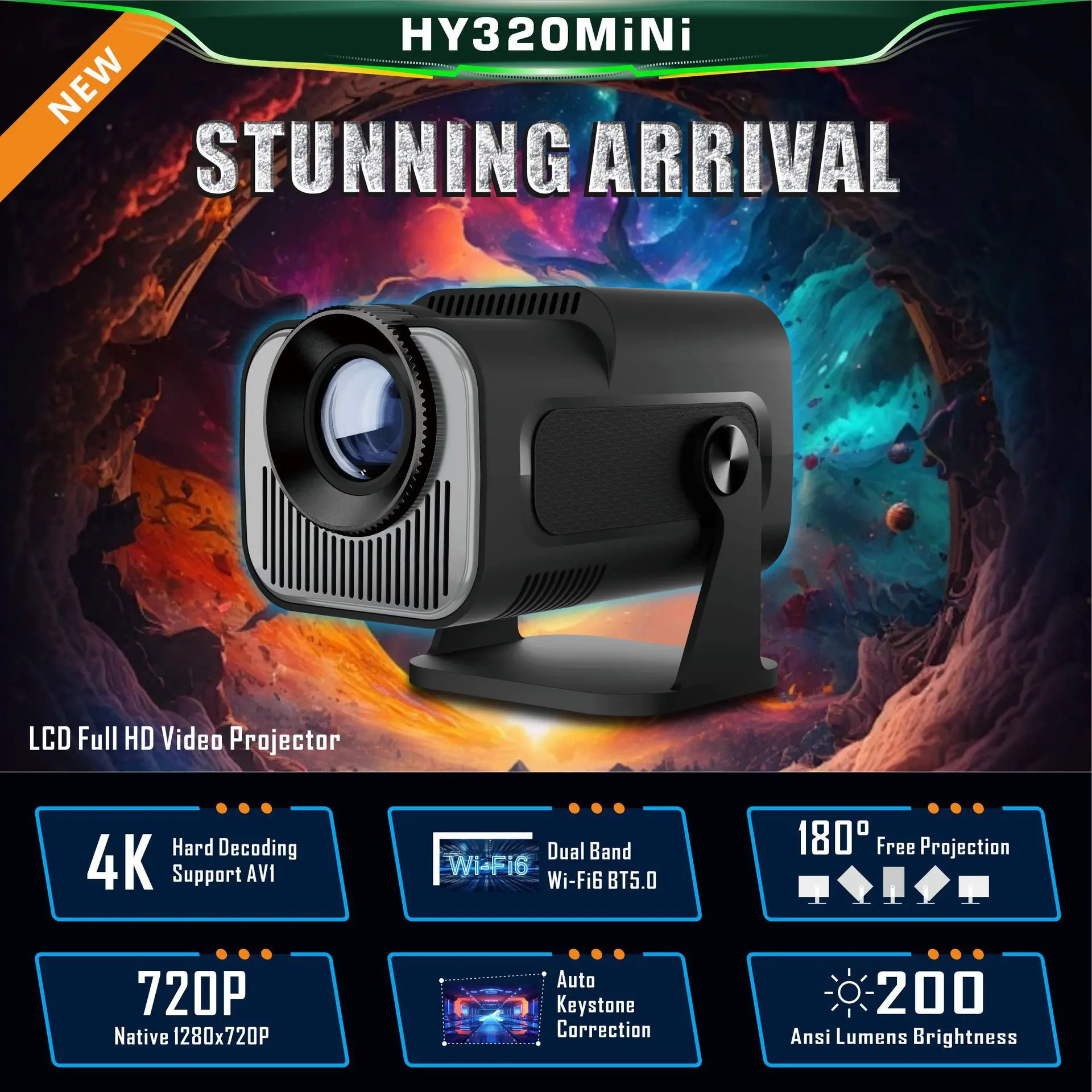 HY320 Mini Smart Android Projector Portable HD 4K WiFi LED LCD Lamps DLP Lens Home Outdoor Use 3D Features US Plug 713 chips