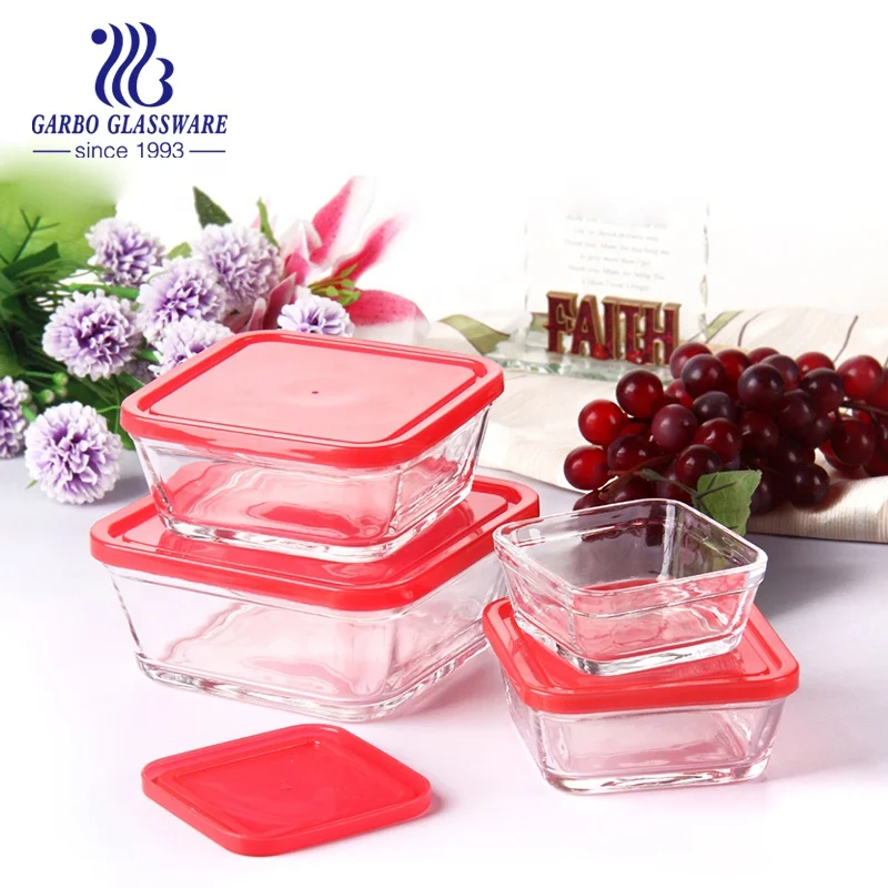 5pcs Food Fruit Home Kitchen Outdoors Lunch  Decaled Printing Plastic Lid Glass square Container Storage Box Glass Bowl Set
