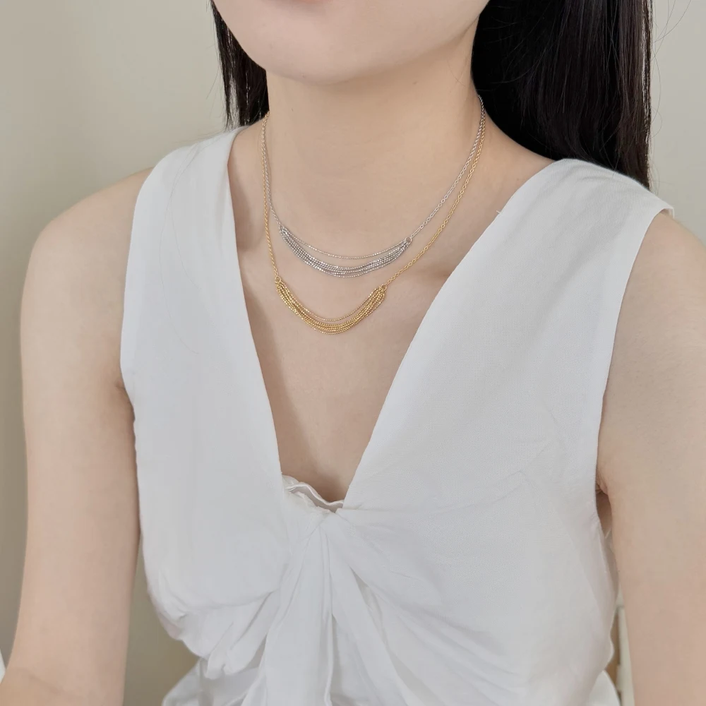 KAKODIY's unique personalized design sterling silver thick multi-layered beaded chain tassel necklace for women's everyday wear detail 1