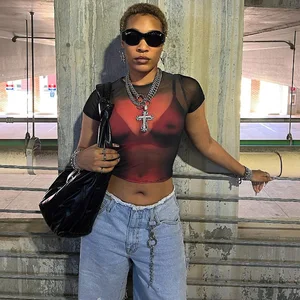 K23L38989 Summer Clothing Printed T-shirts Short Sleeve Mesh Women Tops Stretchy Shirts for Women
