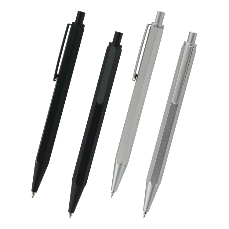 Simple Design Smooth Writing Sliver Grey Metal Hexagonal Pen with Oily Ink