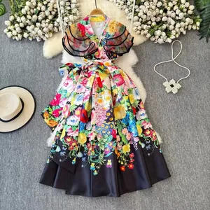 2026 Summer New Fashion Korean Style V-neck Short-sleeved Pleated Casual Dress Waist Tie Lace Decoration Floor-Length Digital