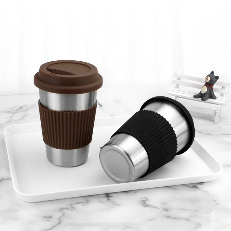 Stainless Steel Coffee Cups with Silicone Lids Non-slip Anti-scalding  Sleeves Case Drinking Tumblers Beer Water Tea Mugs 