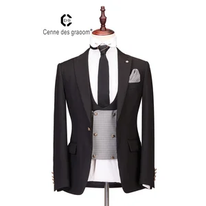 Custom Men's Three Button Suits Wool Polyester Black Business Suit Set