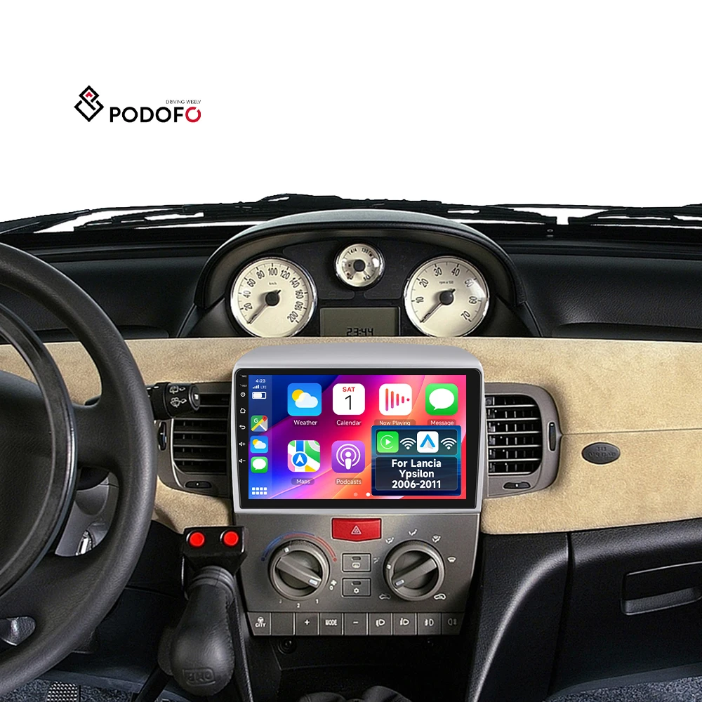 Podofo do Lancia Ypsilon 2006–2011, radio samochodowe z systemem Android, 9 cali, 4 GB RAM + 64 GB pamięci masowej, bezprzewodowe CarPlay/Android Auto, GPS, RDS, Wi-Fi, oryginalne wyposażenie fabryczne / OEM, A8485A3662/A8485
