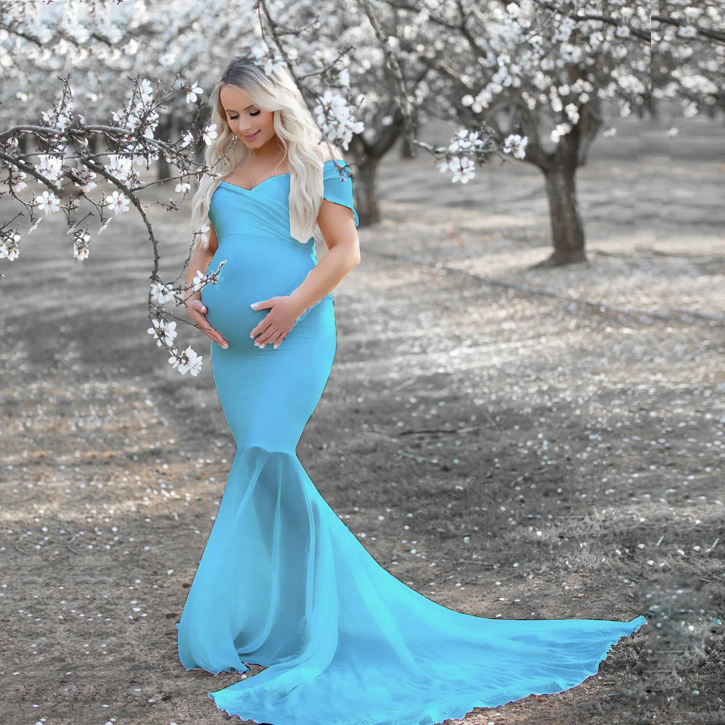 New Long-sleeved V-neck Long Skirt with Tail for Pregnant Women Photo  Studio Photography Maternity Long Skirt Evening Dress