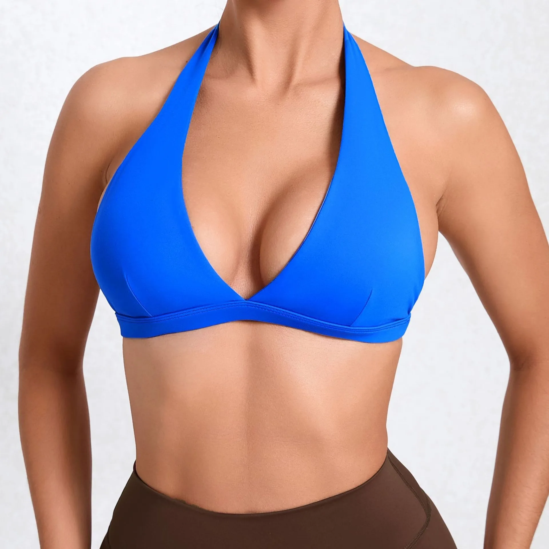 Hot Selling Women Padded Nude Yoga Hanging Neck Sexy Girl strapless backless Bra Fitness Active wear soft Sports Bra factory