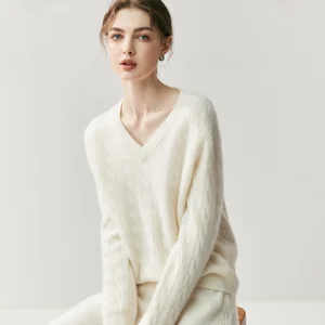 High-End  Cashmere Sweater for Women V-Neck Cable Knit Loose Standard Autumn Fashion Casual