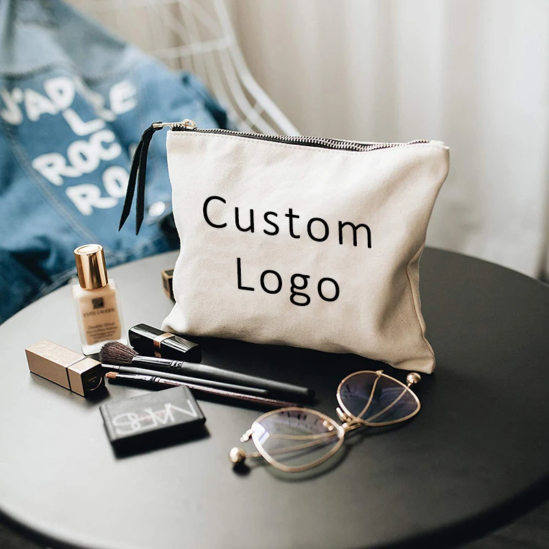 Small Eco Friendly Custom Cotton Blank Zipper Pouch Make up Bags Plain Cotton Canvas Makeup Cosmetic Bag With Logo