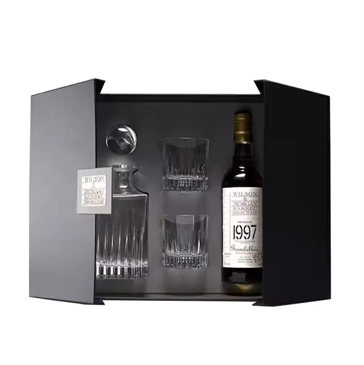 luxury matt black rigid cardboard liquor set packaging boxes custom made champagne whisky red wine bottles glass paper gift box