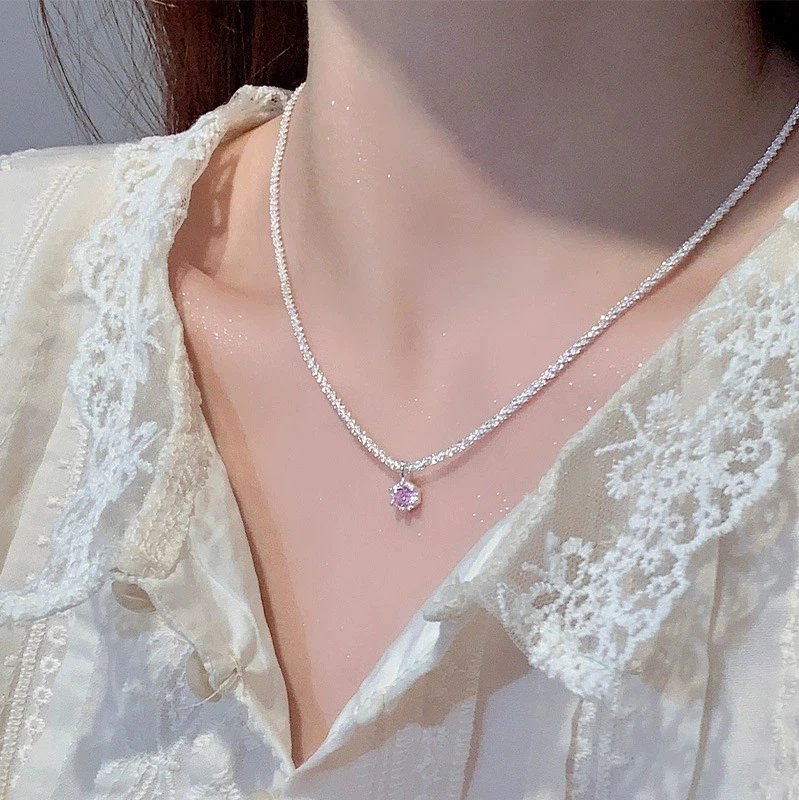 Luxury Silver Necklace with Pink Zircon Starry Sky