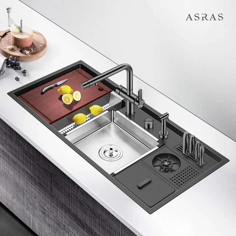 Asras SUS304 Nano Single Large Stepped Basin with Cup Washer with Drain Trash Can Model 10547NX Handmade Kitchen Sink