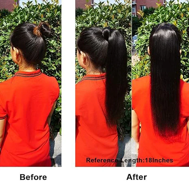 Extensions de queue de cheval droites à clipser en cheveux humains avec cordon de serrage de couleur naturelle pour femmes_voghion.com