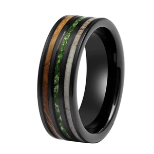 High-Polished Black Tungsten Carbide Ring Flat Design Deer Antler & Whiskey Barrel & Moss Agate Tungsten Wedding Engagement Band