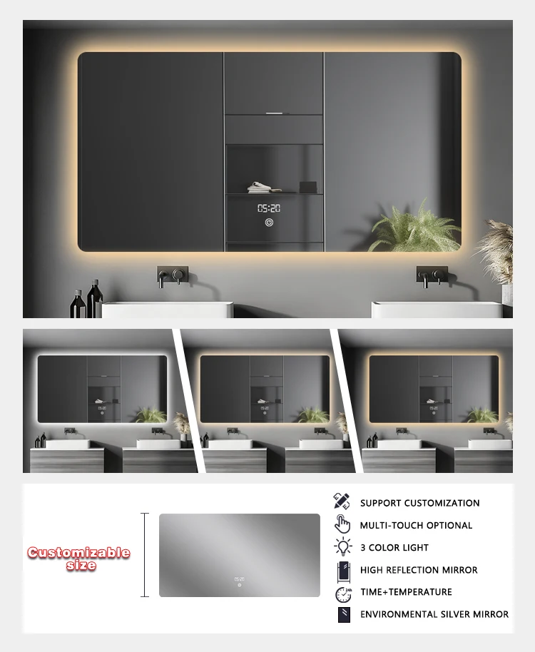 product new arrival factory custom intelligent led mirror backlit anti fog wall mounted smart bathroom mirror for hotel luxury project-4