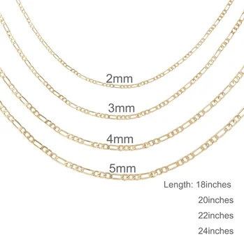 Cuban Link Chain 18K Gold Pave Cut Figaro Link Chain 3mm 4mm 5mm 6mm 7mm Width Multiple Length Necklace