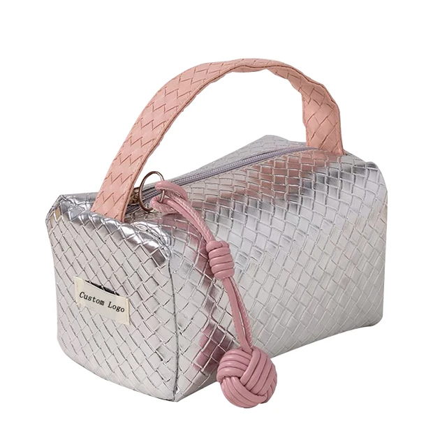 Original silver color woven pattern 2024 new handbag pouch portable makeup storage bag