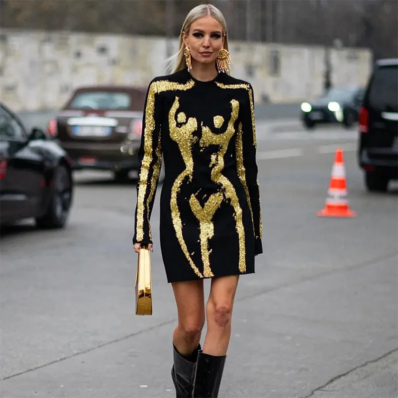 High Quality Women Bodycon Jacquard Bandage Dress Gold Stamping Casual Elegant Dresses High Quality Women Bodycon Jacquard Bandage Dress Gold Stamping Casual Elegant Dresses