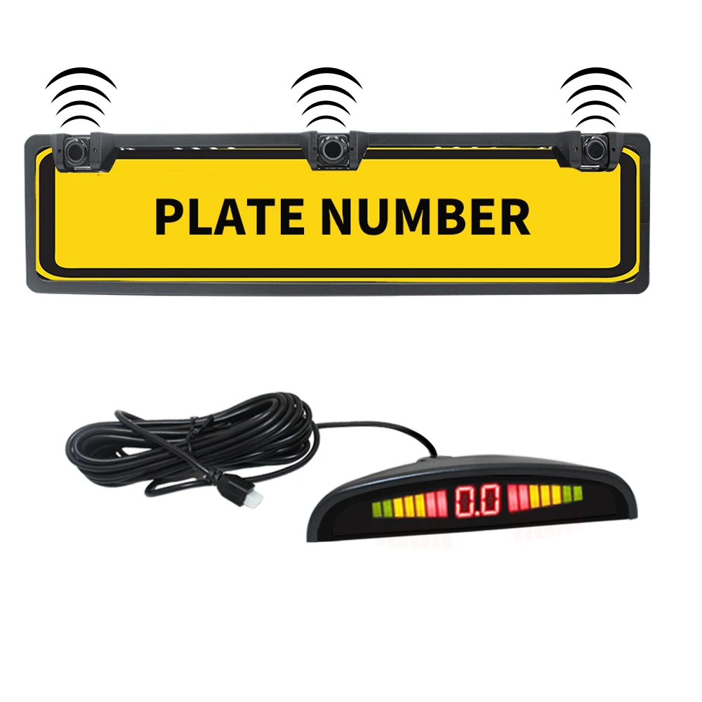 Car Parking Sensor Kit Auto Reversing Radar European License Plate Camera Front Back Electromagnetic Monitor System 3 Sensors